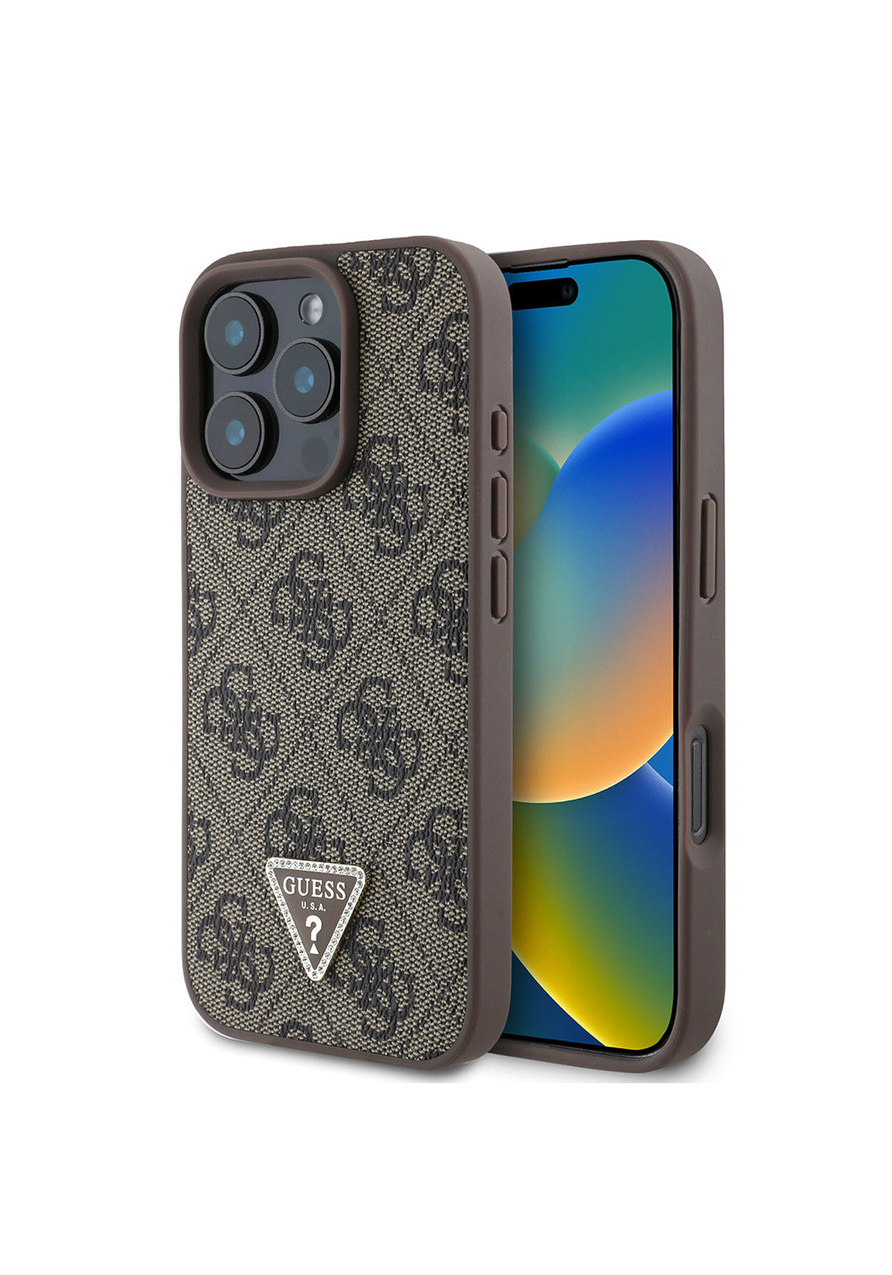Apple iPhone 16 Pro Max Kılıf Guess Orijinal Lisanslı PU Deri Taşlı Üçgen Logo 4G Desenli Strass Kapak