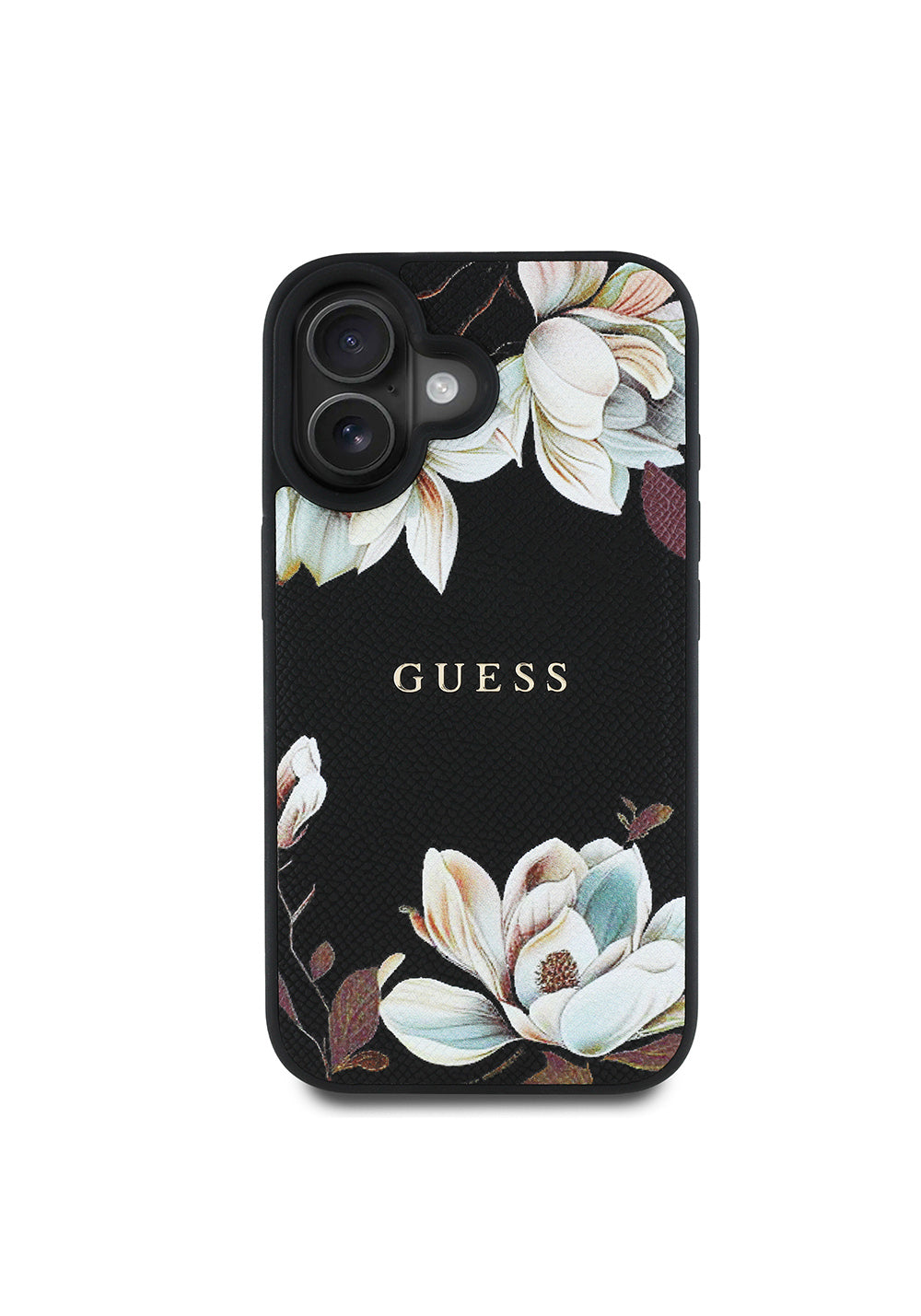 Apple iPhone 16 Kılıf Guess Orijinal Lisanslı Manyetik Şarj Uyumlu Taneli Çiçek Tasarımlı Metal Yazı Logolu Kapak