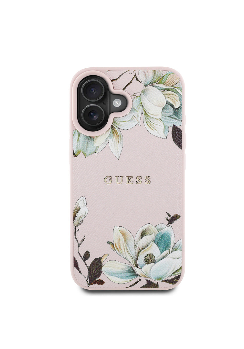 Apple iPhone 16 Kılıf Guess Orijinal Lisanslı Manyetik Şarj Uyumlu Taneli Çiçek Tasarımlı Metal Yazı Logolu Kapak