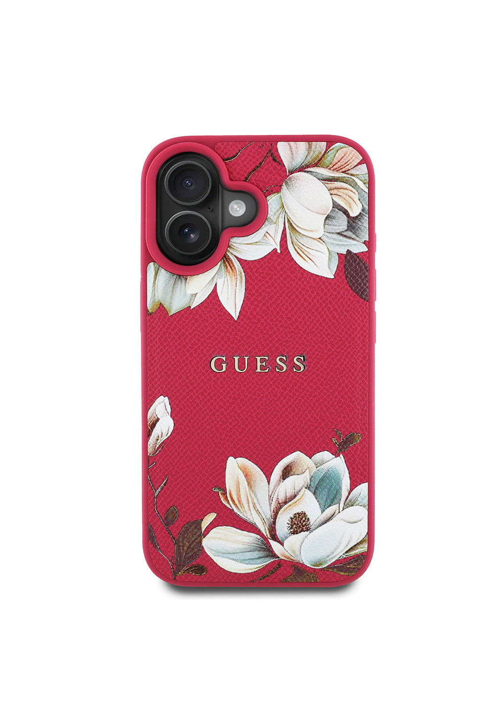 Apple iPhone 16 Kılıf Guess Orijinal Lisanslı Manyetik Şarj Uyumlu Taneli Çiçek Tasarımlı Metal Yazı Logolu Kapak