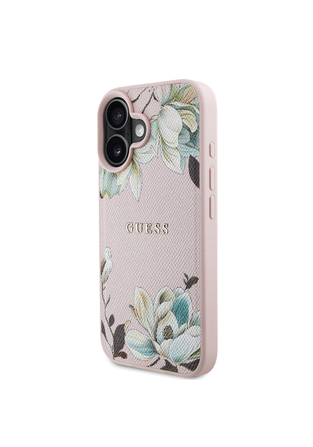 Apple iPhone 16 Kılıf Guess Orijinal Lisanslı Manyetik Şarj Uyumlu Taneli Çiçek Tasarımlı Metal Yazı Logolu Kapak