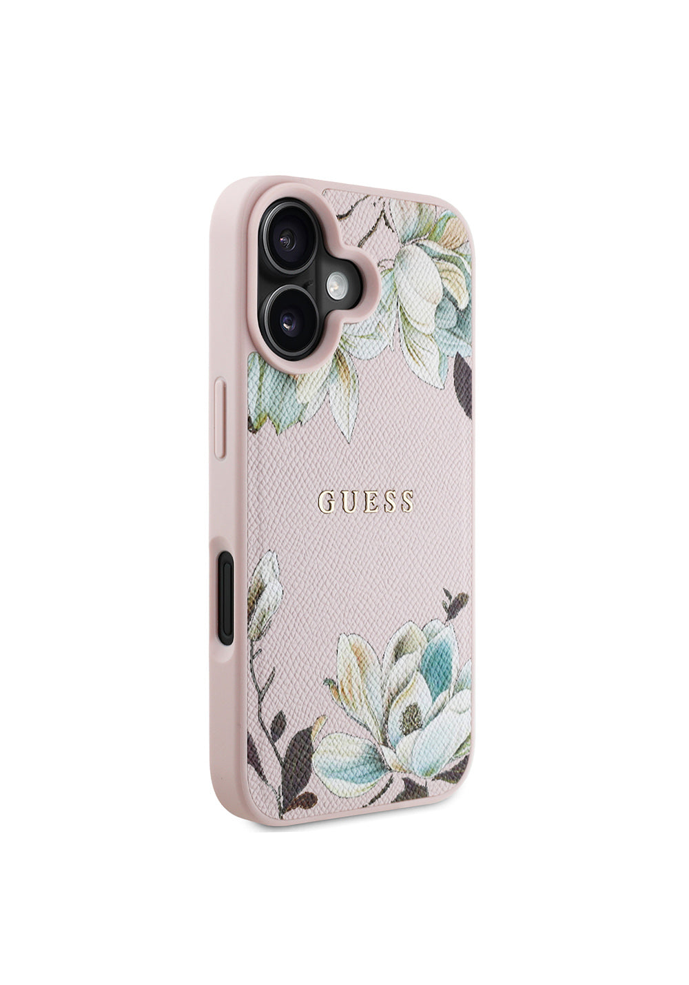 Apple iPhone 16 Kılıf Guess Orijinal Lisanslı Manyetik Şarj Uyumlu Taneli Çiçek Tasarımlı Metal Yazı Logolu Kapak