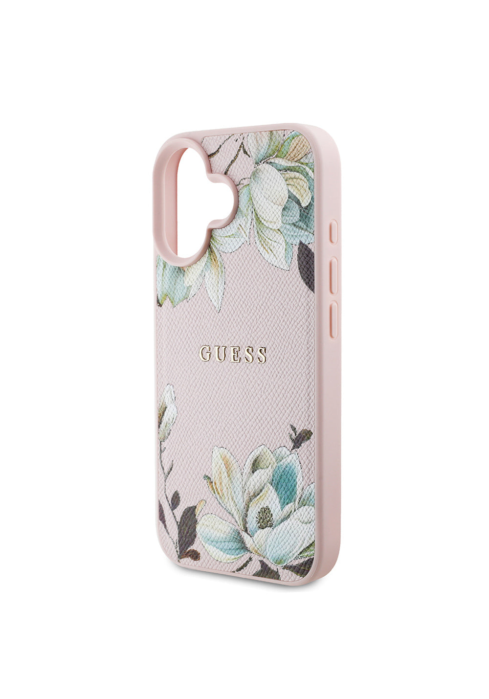 Apple iPhone 16 Kılıf Guess Orijinal Lisanslı Manyetik Şarj Uyumlu Taneli Çiçek Tasarımlı Metal Yazı Logolu Kapak