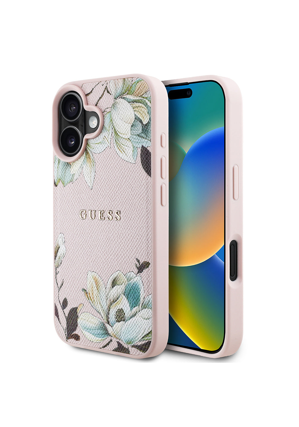 Apple iPhone 16 Kılıf Guess Orijinal Lisanslı Manyetik Şarj Uyumlu Taneli Çiçek Tasarımlı Metal Yazı Logolu Kapak