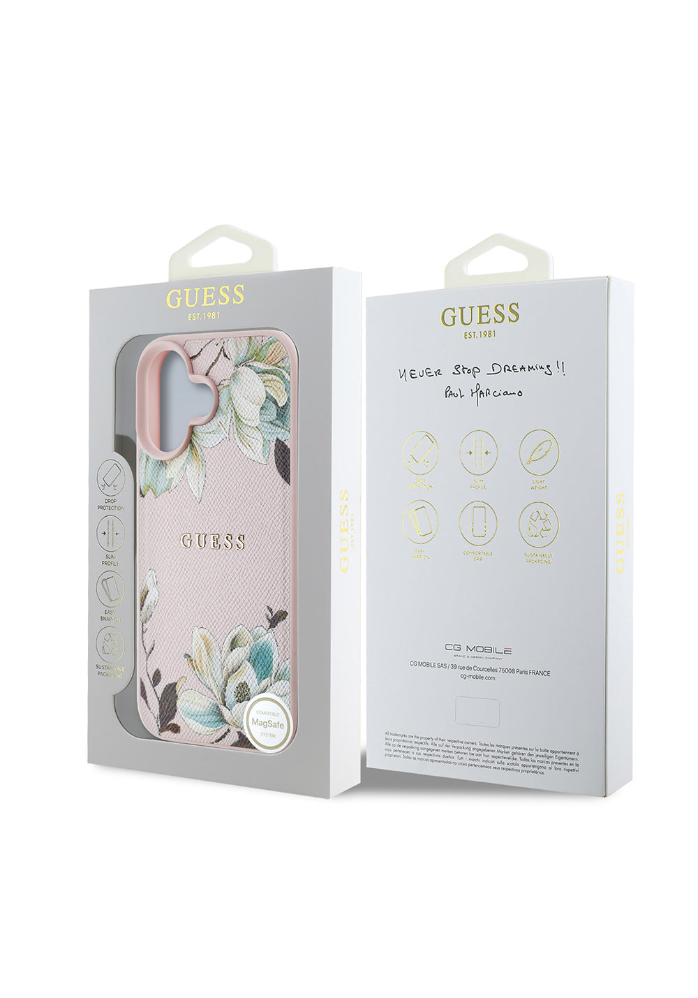 Apple iPhone 16 Kılıf Guess Orijinal Lisanslı Manyetik Şarj Uyumlu Taneli Çiçek Tasarımlı Metal Yazı Logolu Kapak