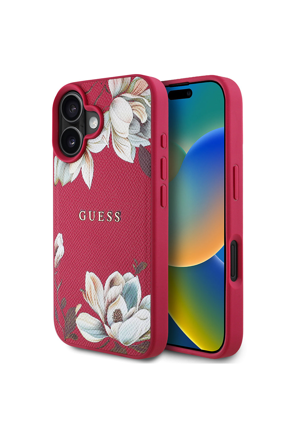 Apple iPhone 16 Kılıf Guess Orijinal Lisanslı Manyetik Şarj Uyumlu Taneli Çiçek Tasarımlı Metal Yazı Logolu Kapak