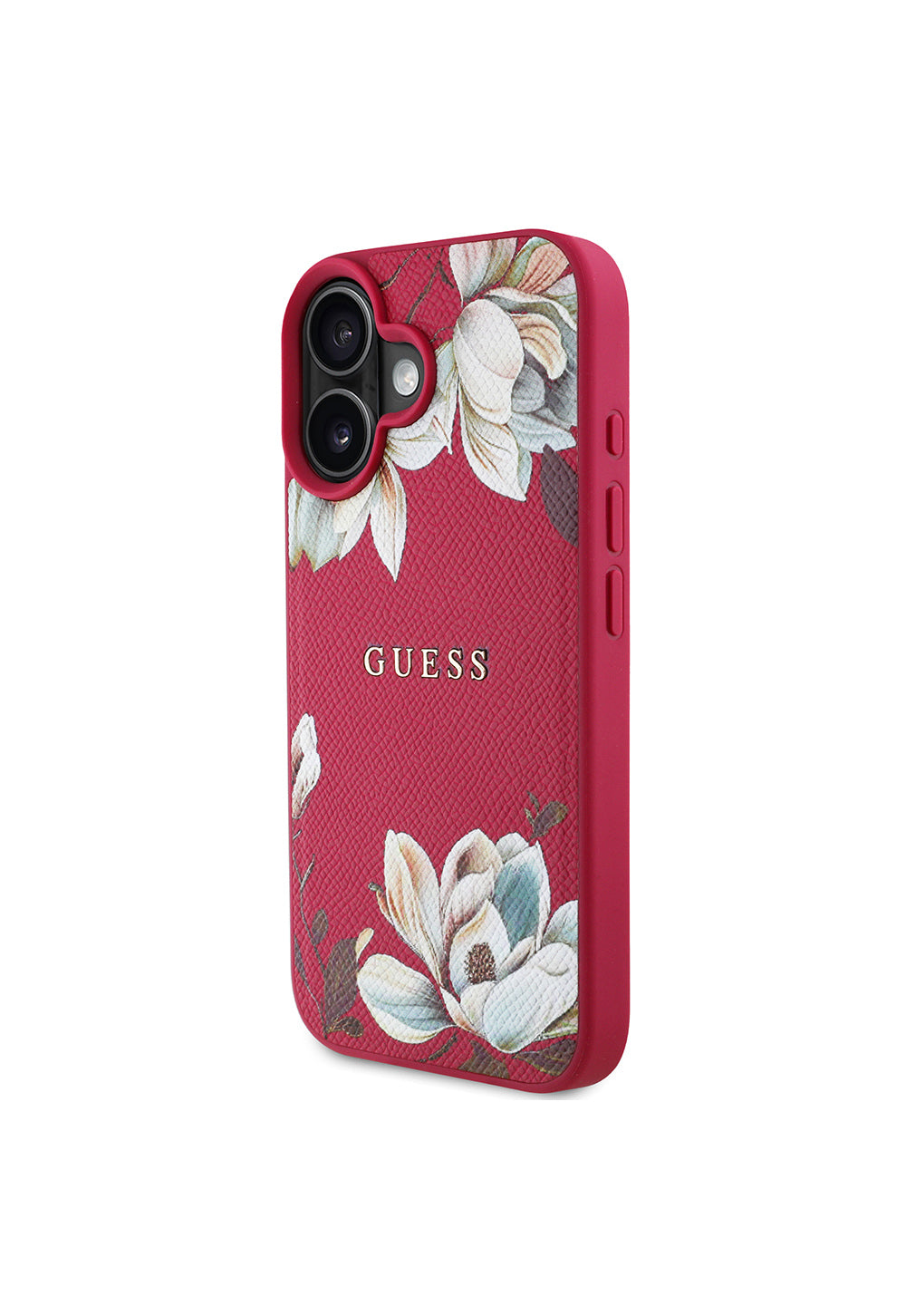 Apple iPhone 16 Kılıf Guess Orijinal Lisanslı Manyetik Şarj Uyumlu Taneli Çiçek Tasarımlı Metal Yazı Logolu Kapak