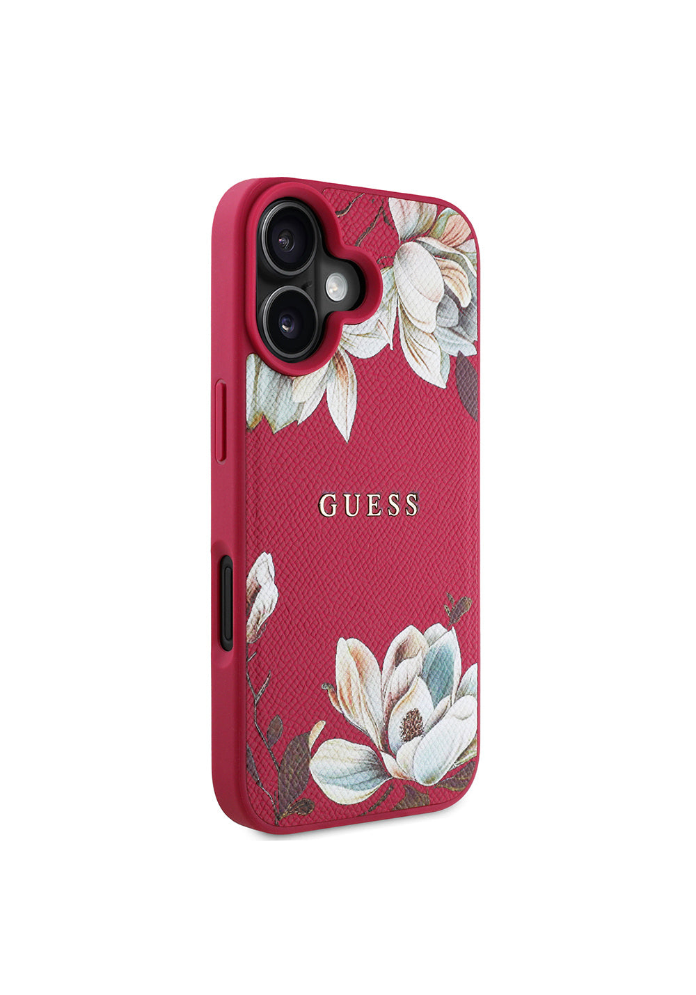 Apple iPhone 16 Kılıf Guess Orijinal Lisanslı Manyetik Şarj Uyumlu Taneli Çiçek Tasarımlı Metal Yazı Logolu Kapak