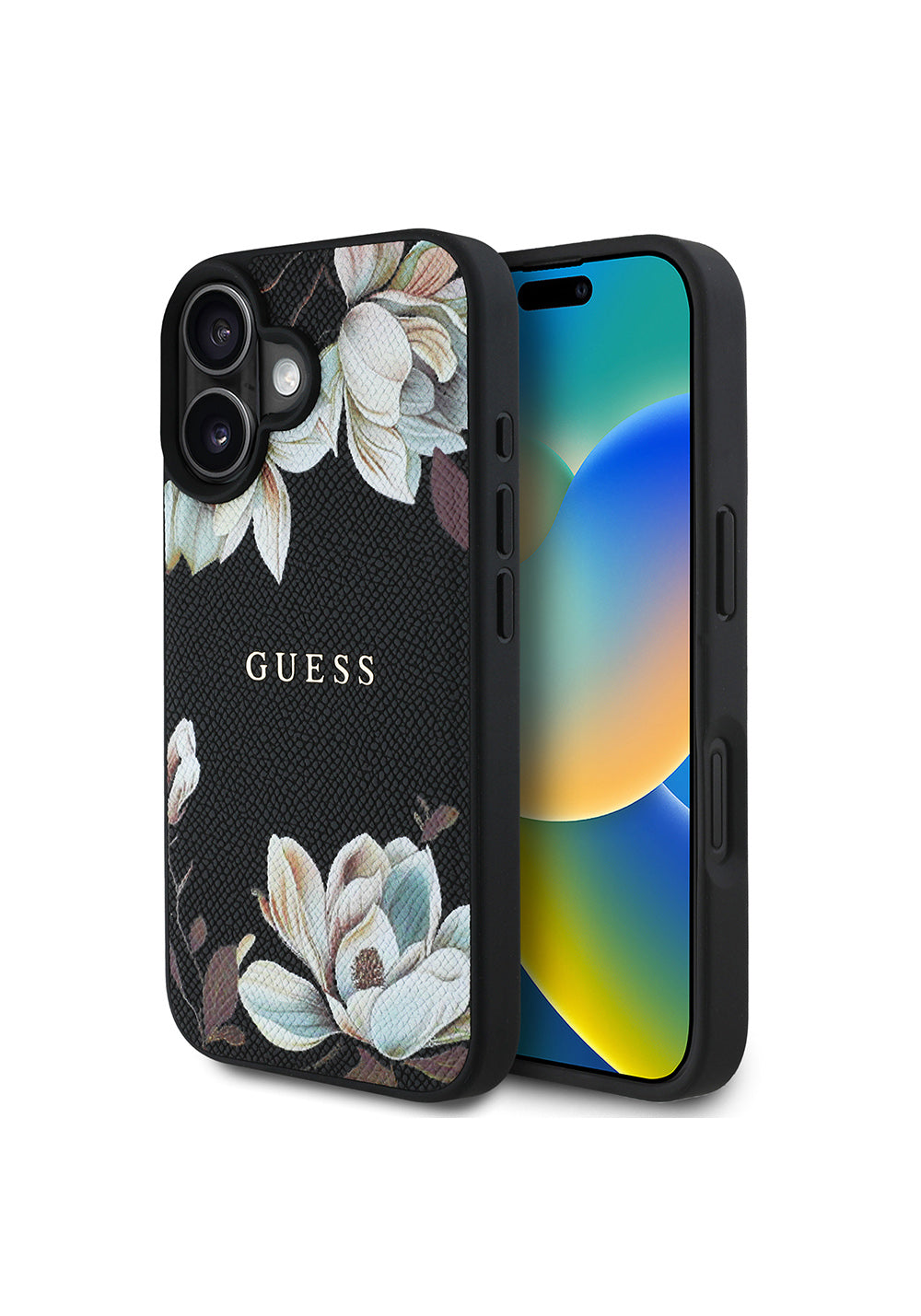 Apple iPhone 16 Kılıf Guess Orijinal Lisanslı Manyetik Şarj Uyumlu Taneli Çiçek Tasarımlı Metal Yazı Logolu Kapak
