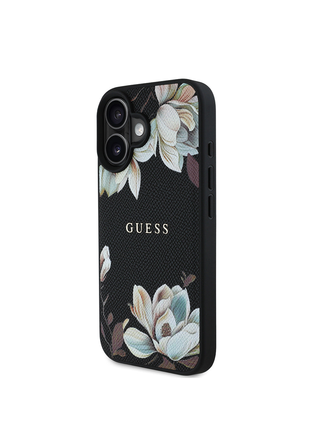 Apple iPhone 16 Kılıf Guess Orijinal Lisanslı Manyetik Şarj Uyumlu Taneli Çiçek Tasarımlı Metal Yazı Logolu Kapak