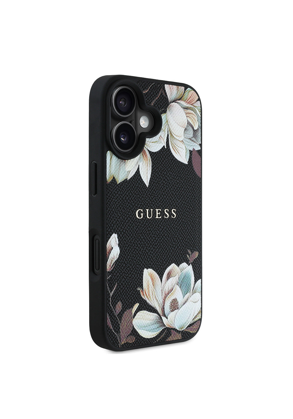 Apple iPhone 16 Kılıf Guess Orijinal Lisanslı Manyetik Şarj Uyumlu Taneli Çiçek Tasarımlı Metal Yazı Logolu Kapak