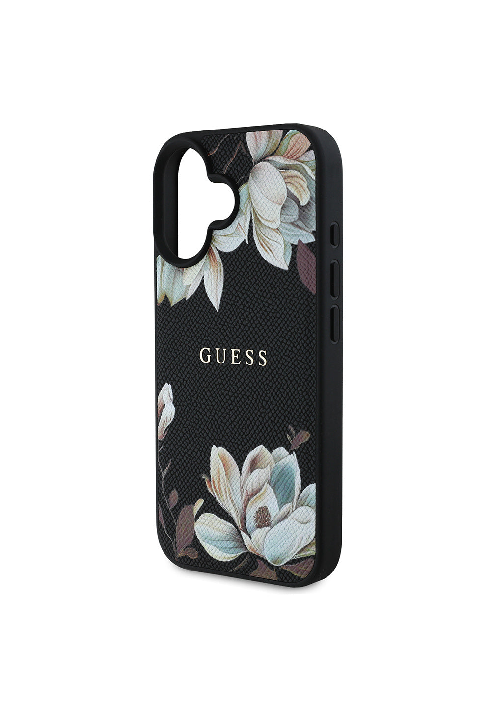 Apple iPhone 16 Kılıf Guess Orijinal Lisanslı Manyetik Şarj Uyumlu Taneli Çiçek Tasarımlı Metal Yazı Logolu Kapak