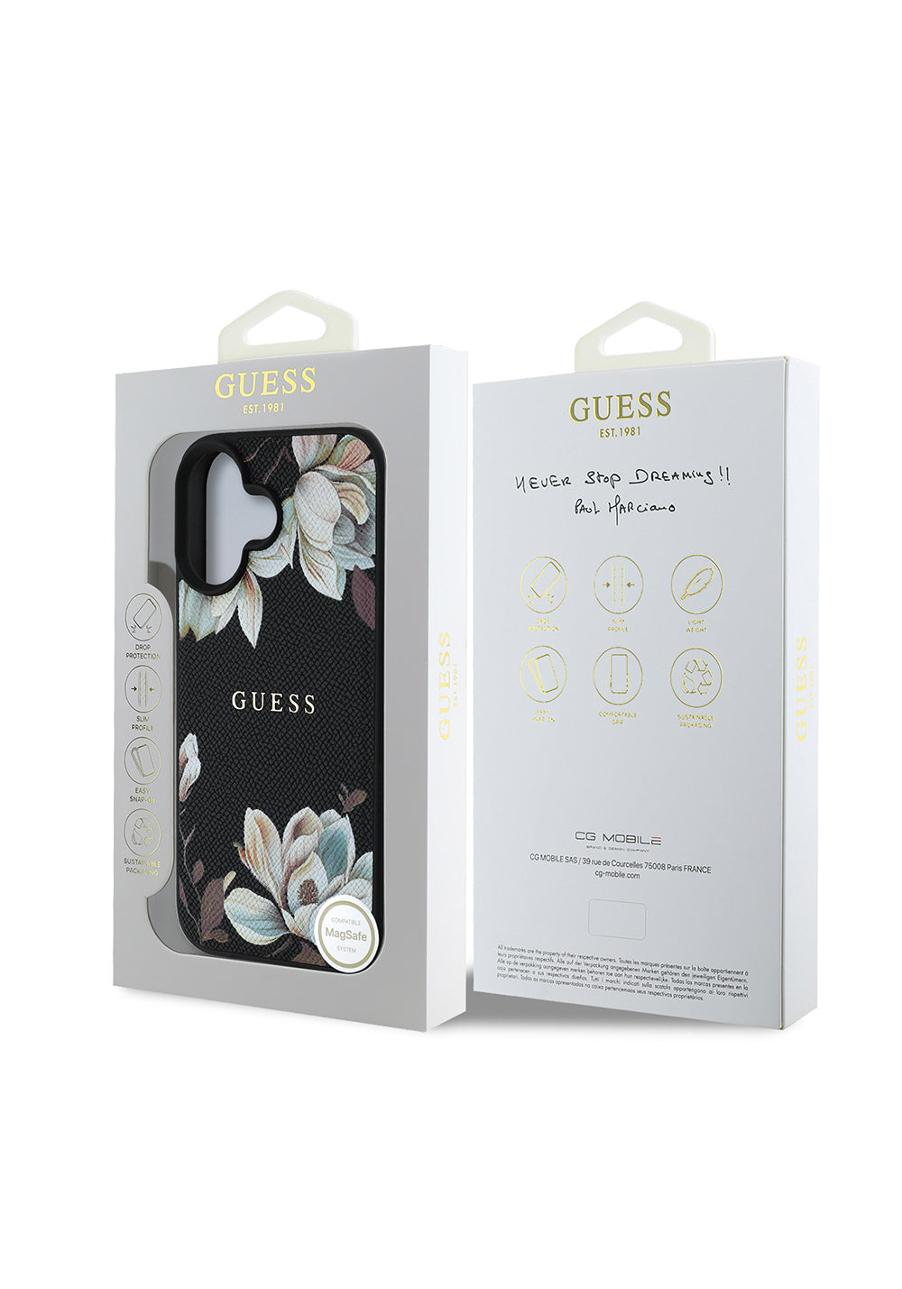Apple iPhone 16 Kılıf Guess Orijinal Lisanslı Manyetik Şarj Uyumlu Taneli Çiçek Tasarımlı Metal Yazı Logolu Kapak