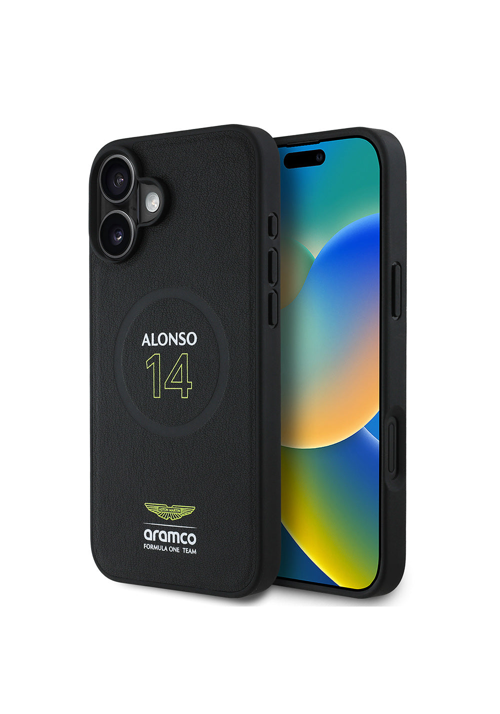 Apple iPhone 16 Plus Kılıf Aston Martin Orijinal Lisanslı Manyetik Şarj Uyumlu PU Deri Alonso 14 Baskılı Kapak