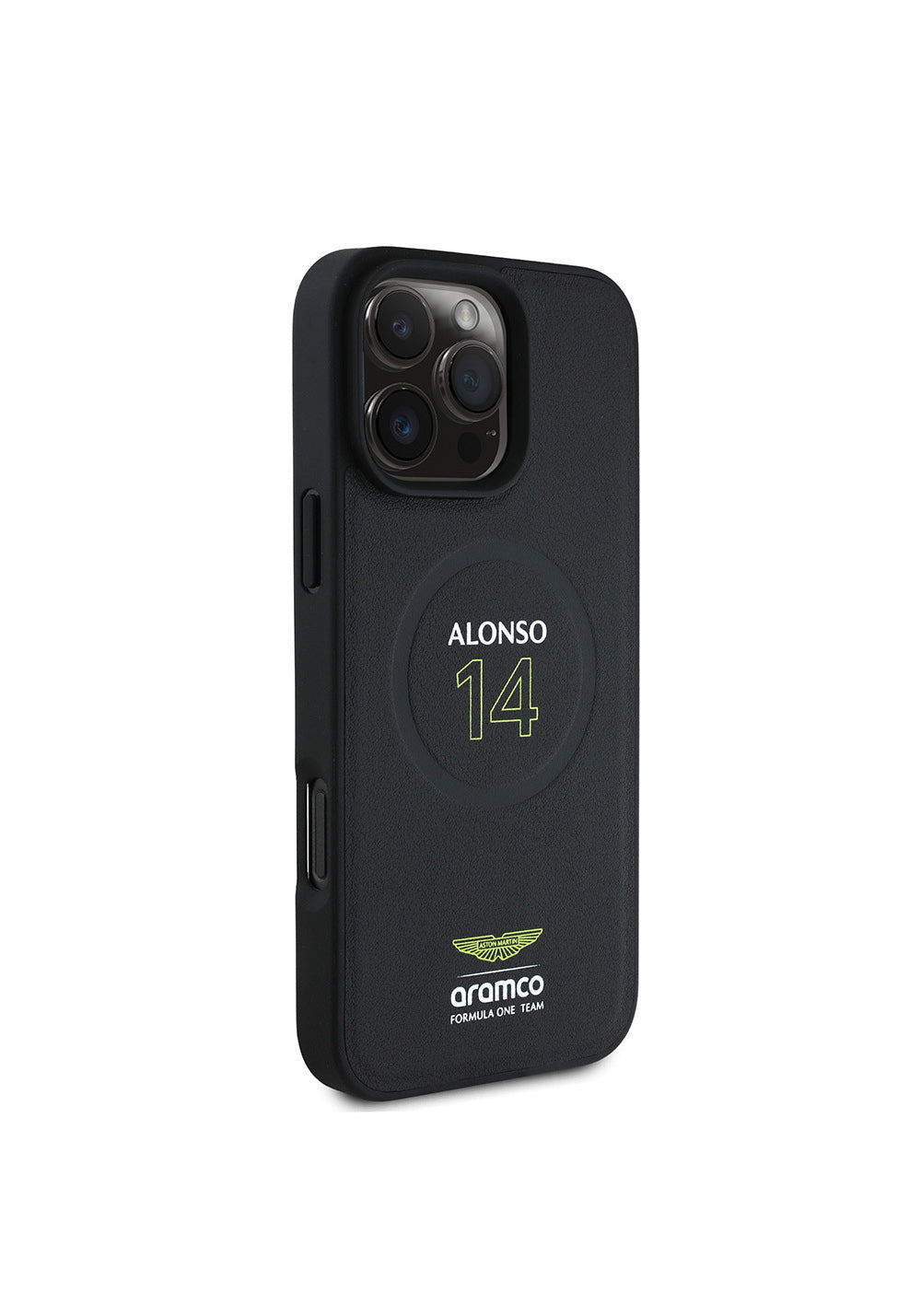 Apple iPhone 16 Pro Max Kılıf Aston Martin Orijinal Lisanslı Manyetik Şarj Uyumlu PU Deri Alonso 14 Baskılı Kapak