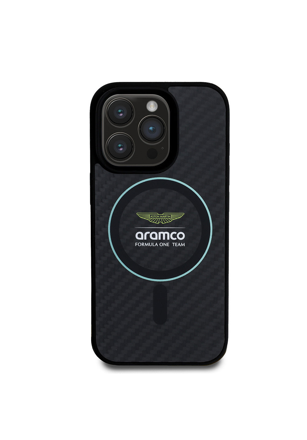 Apple iPhone 16 Pro Max Kılıf Aston Martin Orijinal Lisanslı Manyetik Şarj Uyumlu Renkli Halka ve Karbon Fiber Tasarımlı Kapak