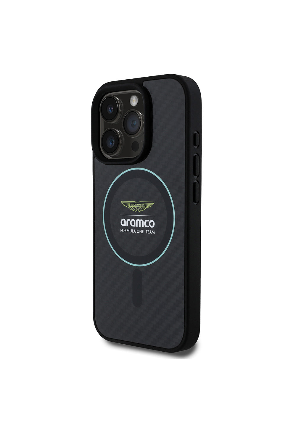 Apple iPhone 16 Pro Max Kılıf Aston Martin Orijinal Lisanslı Manyetik Şarj Uyumlu Renkli Halka ve Karbon Fiber Tasarımlı Kapak