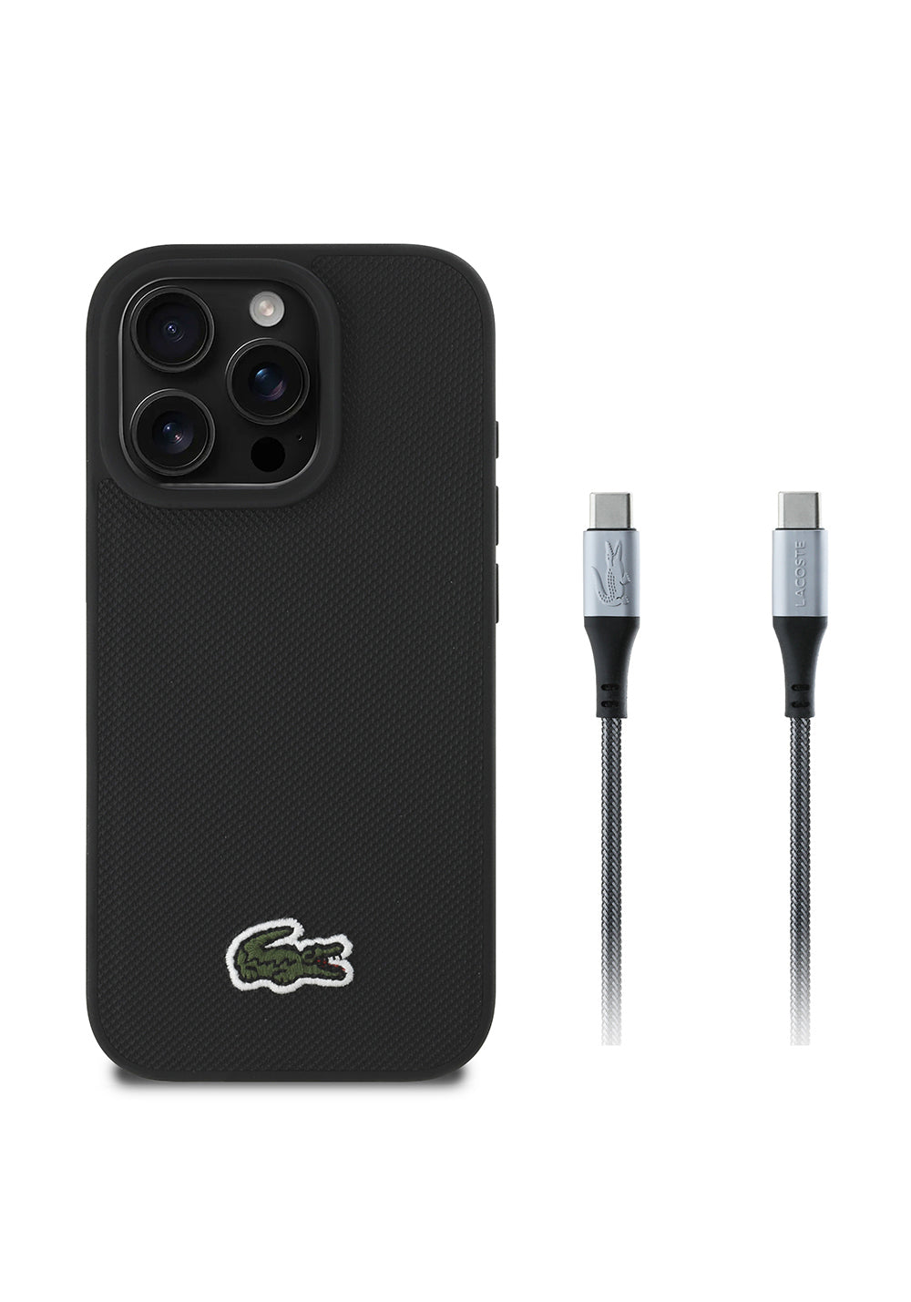 Apple iPhone 16 Pro Kılıf Lacoste Orijinal Lisanslı PU Pike Desenli Arka Yüzey İkonik Timsah Dokuma Logolu Kapak + Type-C Kablo 1.5m