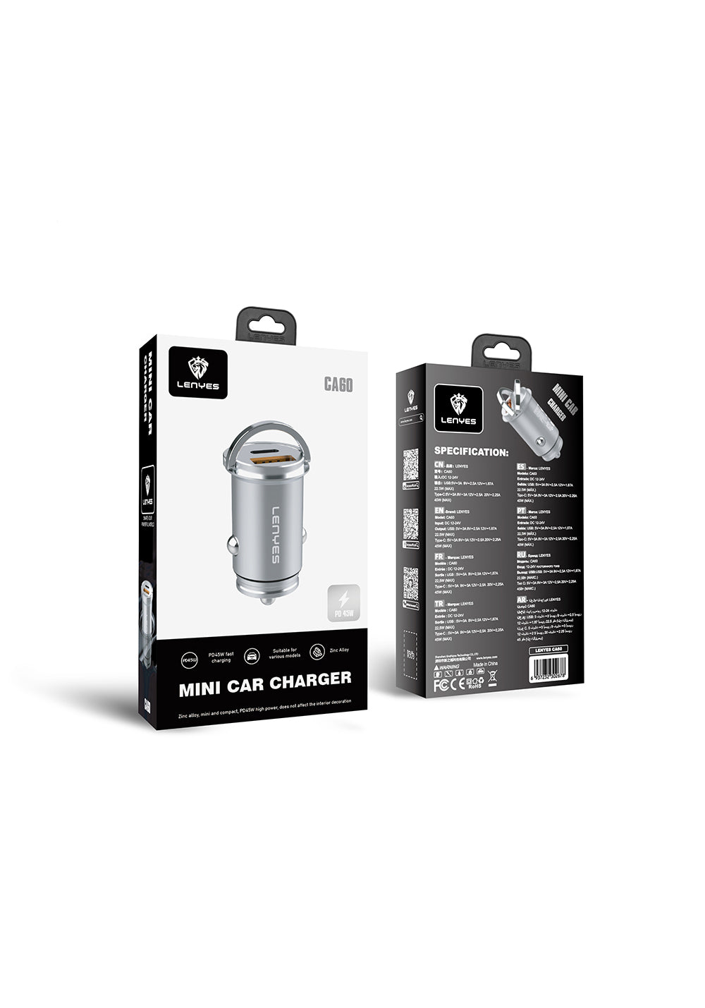 Lenyes CA60 Hızlı Şarj Özellikli Dual Type-C + USB-A Portlu Mini Araç Şarj Aleti PD 45W
