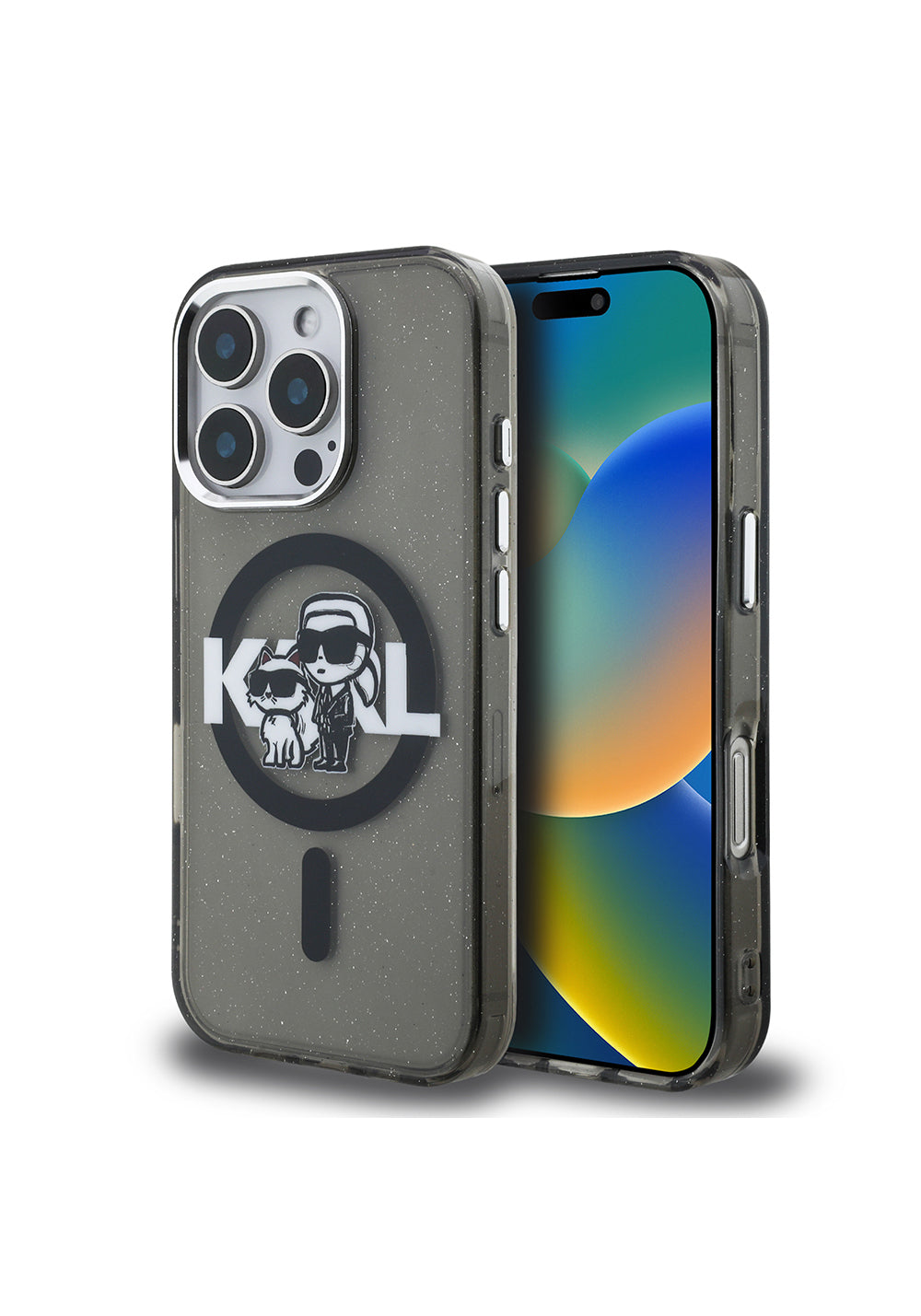 Apple iPhone 16 Pro Max Kılıf Karl Lagerfeld Orijinal Lisanslı Parlayan Simli Karl & Choupette Sketch Logo Kapak