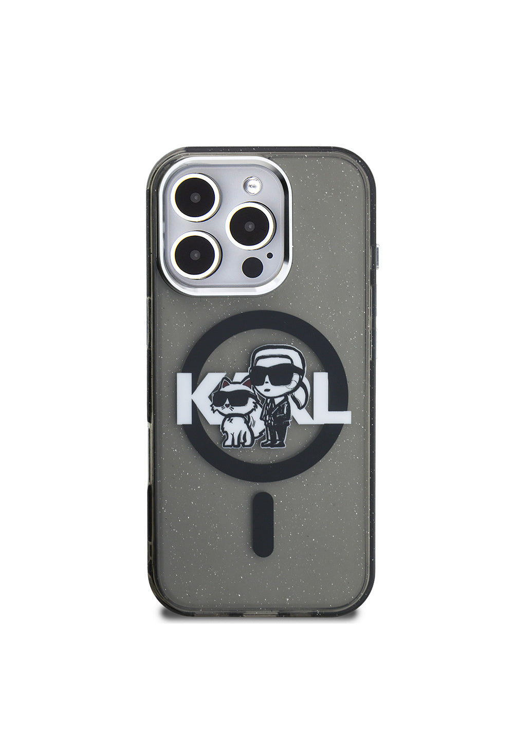 Apple iPhone 16 Pro Max Kılıf Karl Lagerfeld Orijinal Lisanslı Parlayan Simli Karl & Choupette Sketch Logo Kapak