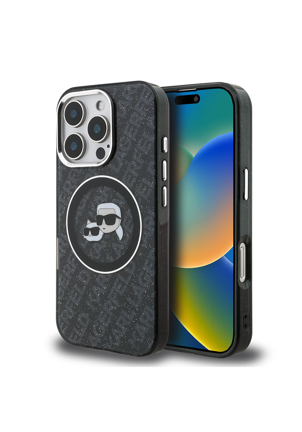 Apple iPhone 16 Pro Kılıf Karl Lagerfeld Orijinal Lisanslı Parlayan Simli Karl & Choupette Heads Kapak