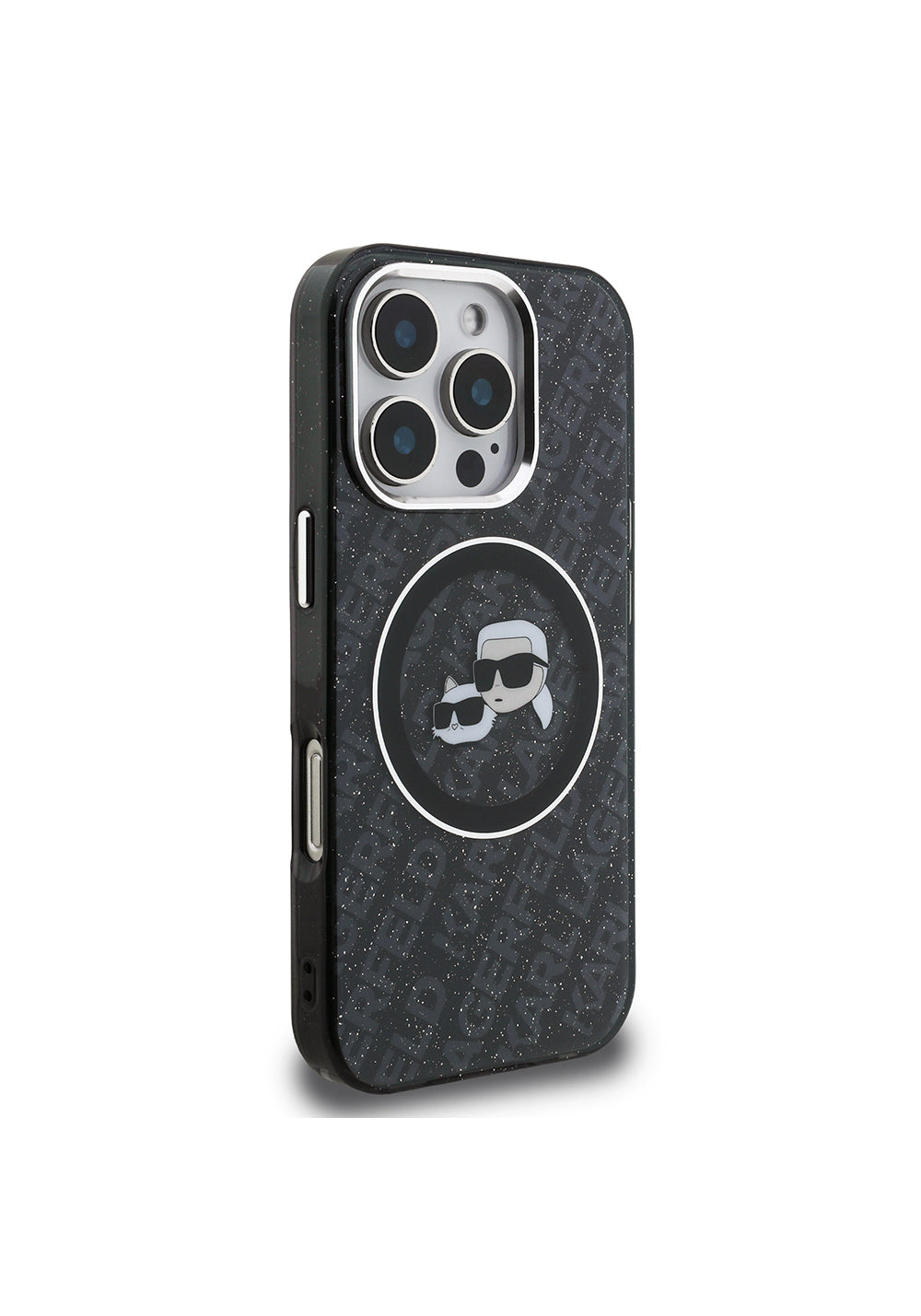 Apple iPhone 16 Pro Kılıf Karl Lagerfeld Orijinal Lisanslı Parlayan Simli Karl & Choupette Heads Kapak