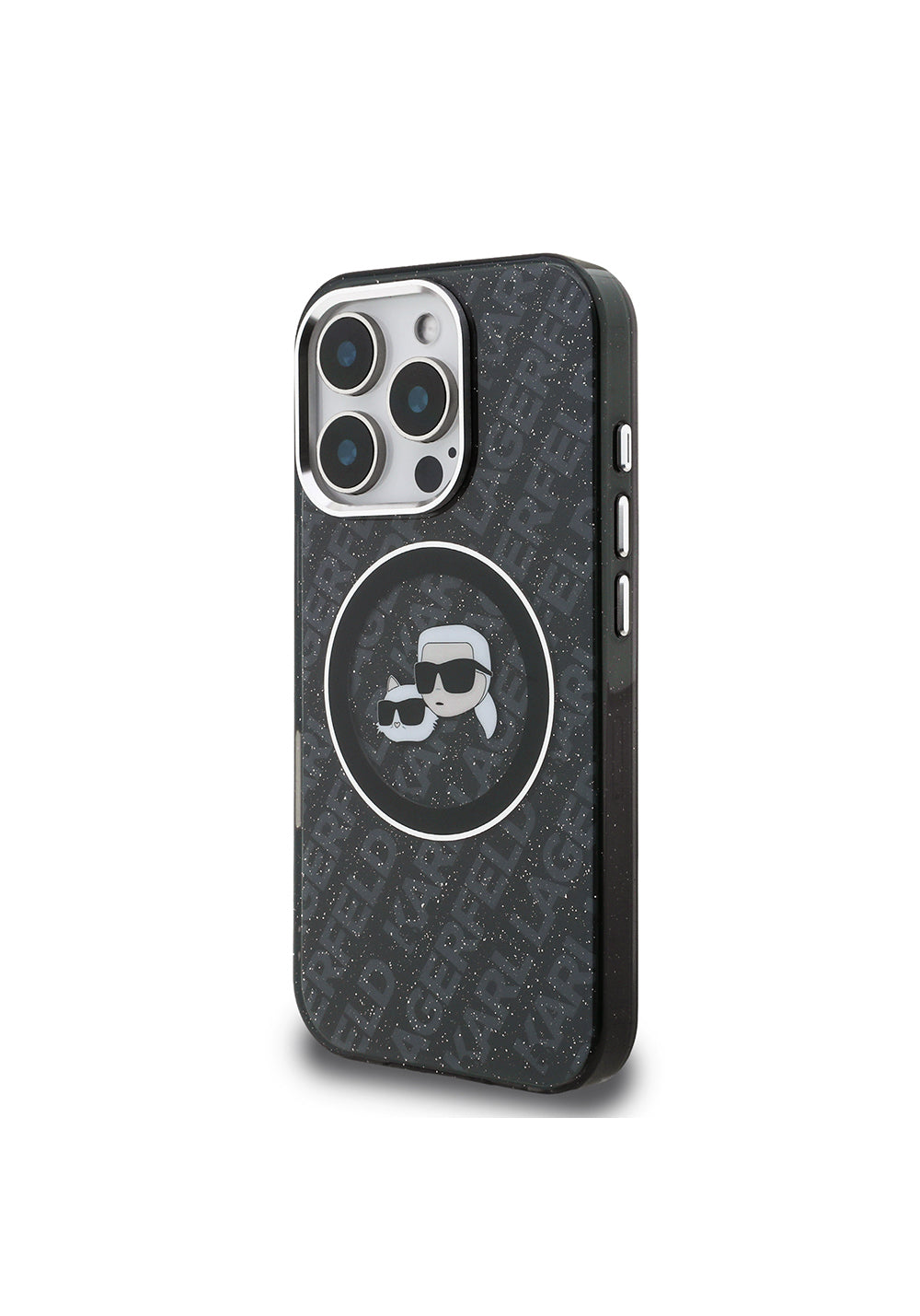 Apple iPhone 16 Pro Max Kılıf Karl Lagerfeld Orijinal Lisanslı Parlayan Simli Karl & Choupette Heads Kapak