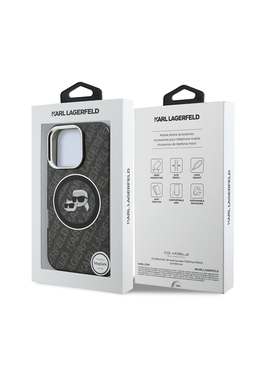 Apple iPhone 16 Pro Max Kılıf Karl Lagerfeld Orijinal Lisanslı Parlayan Simli Karl & Choupette Heads Kapak