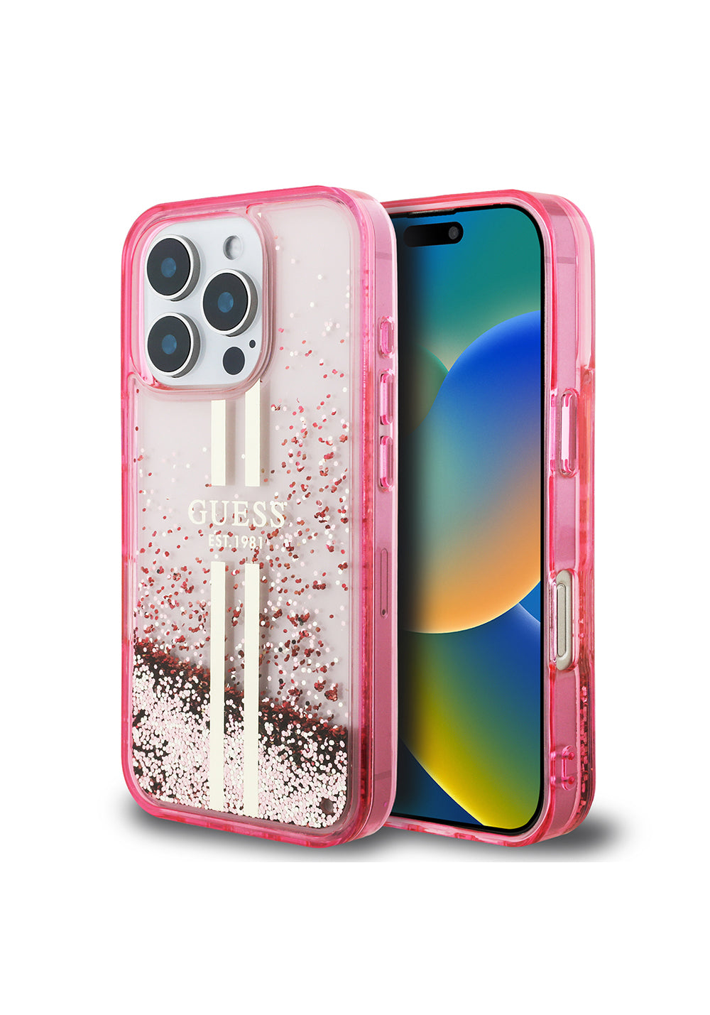 Apple iPhone 16 Pro Kılıf Guess Orijinal Lisanslı Transparan Sıvılı Simli Altın Çizgili Kapak