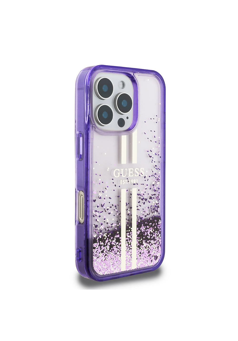 Apple iPhone 16 Pro Kılıf Guess Orijinal Lisanslı Transparan Sıvılı Simli Altın Çizgili Kapak