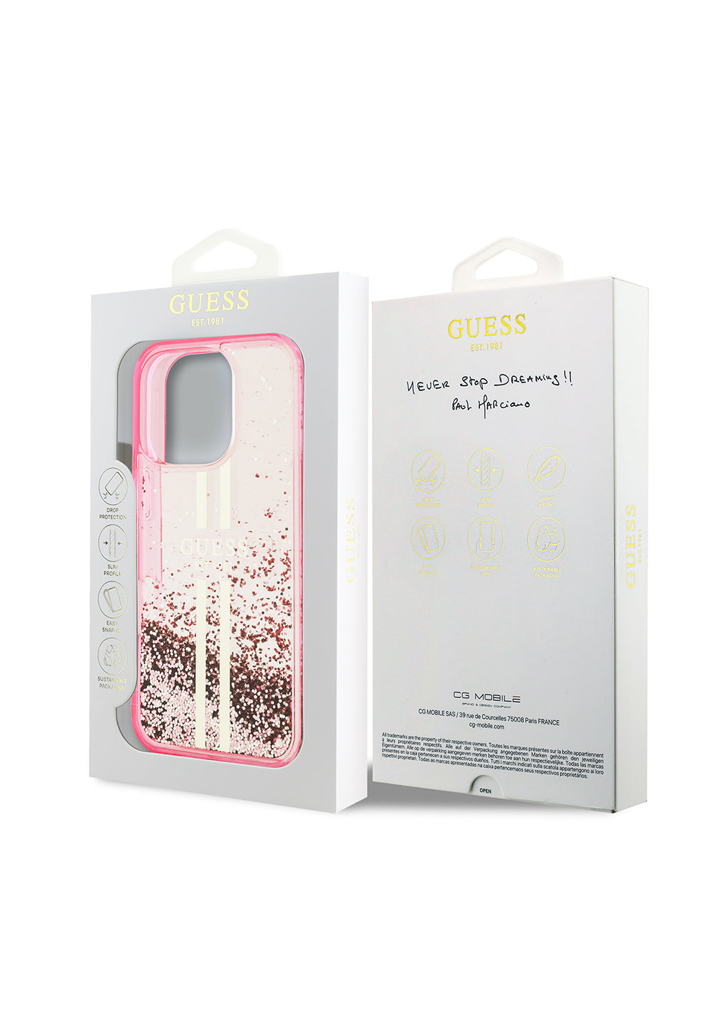 Apple iPhone 16 Pro Max Kılıf Guess Orijinal Lisanslı Transparan Sıvılı Simli Altın Çizgili Kapak
