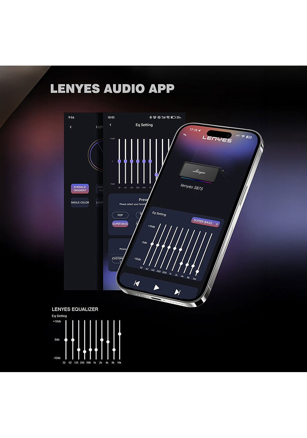 Lenyes S875 Elegance Serisi RGB Işıklı Taşınabilir Su Geçirmez TWS Bluetooth Hoparlör v5.3 40W