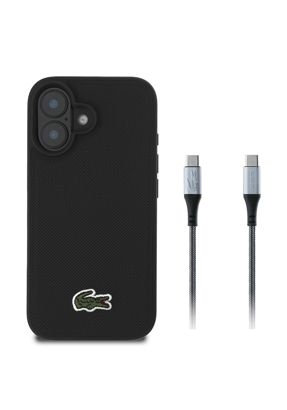 Apple iPhone 16 Kılıf Lacoste Orijinal Lisanslı PU Pike Desenli Arka Yüzey İkonik Timsah Dokuma Logolu Kapak + Type-C Kablo 1.5m