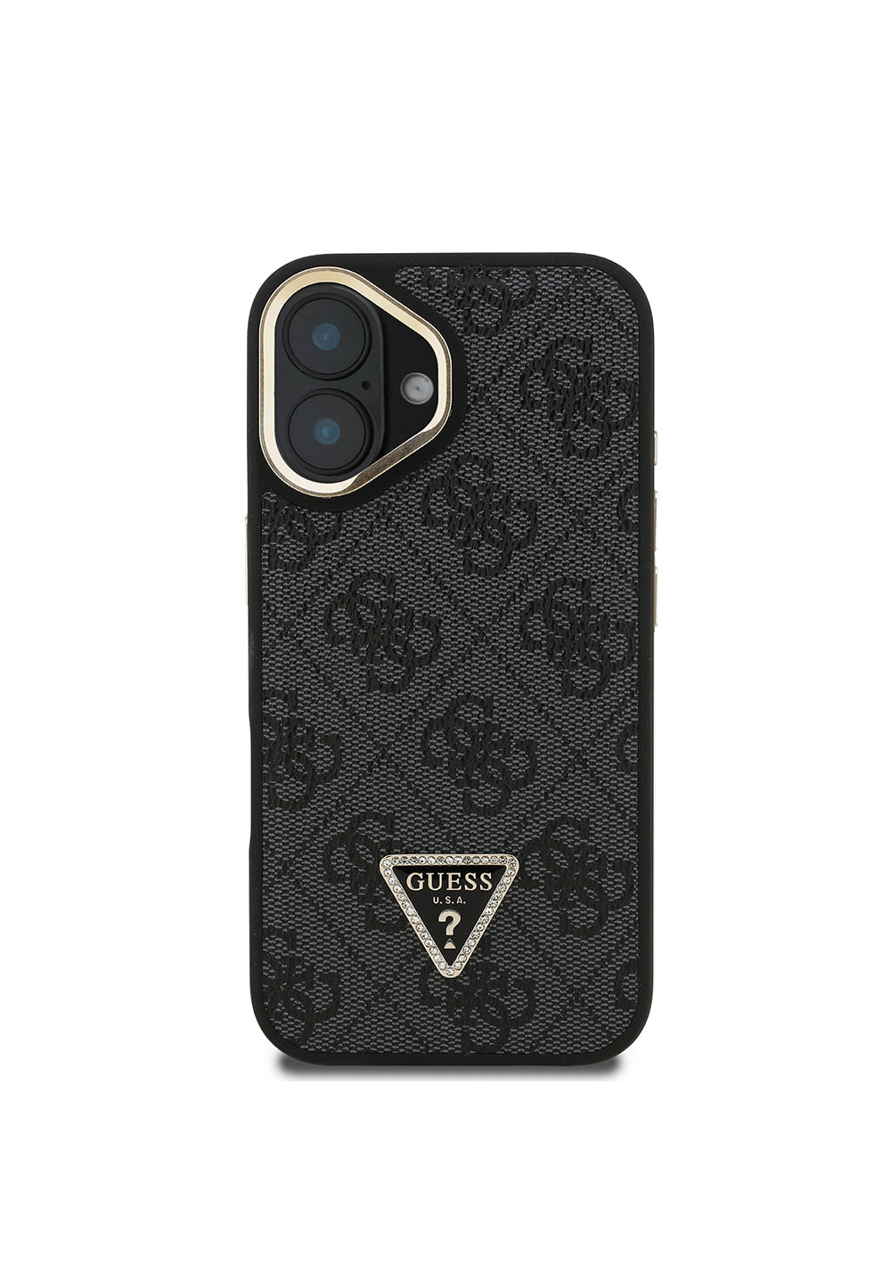 Apple iPhone 16 Kılıf Guess Orijinal Lisanslı PU Deri Taşlı Üçgen Logo 4G Desenli Kamera Standlı Kapak