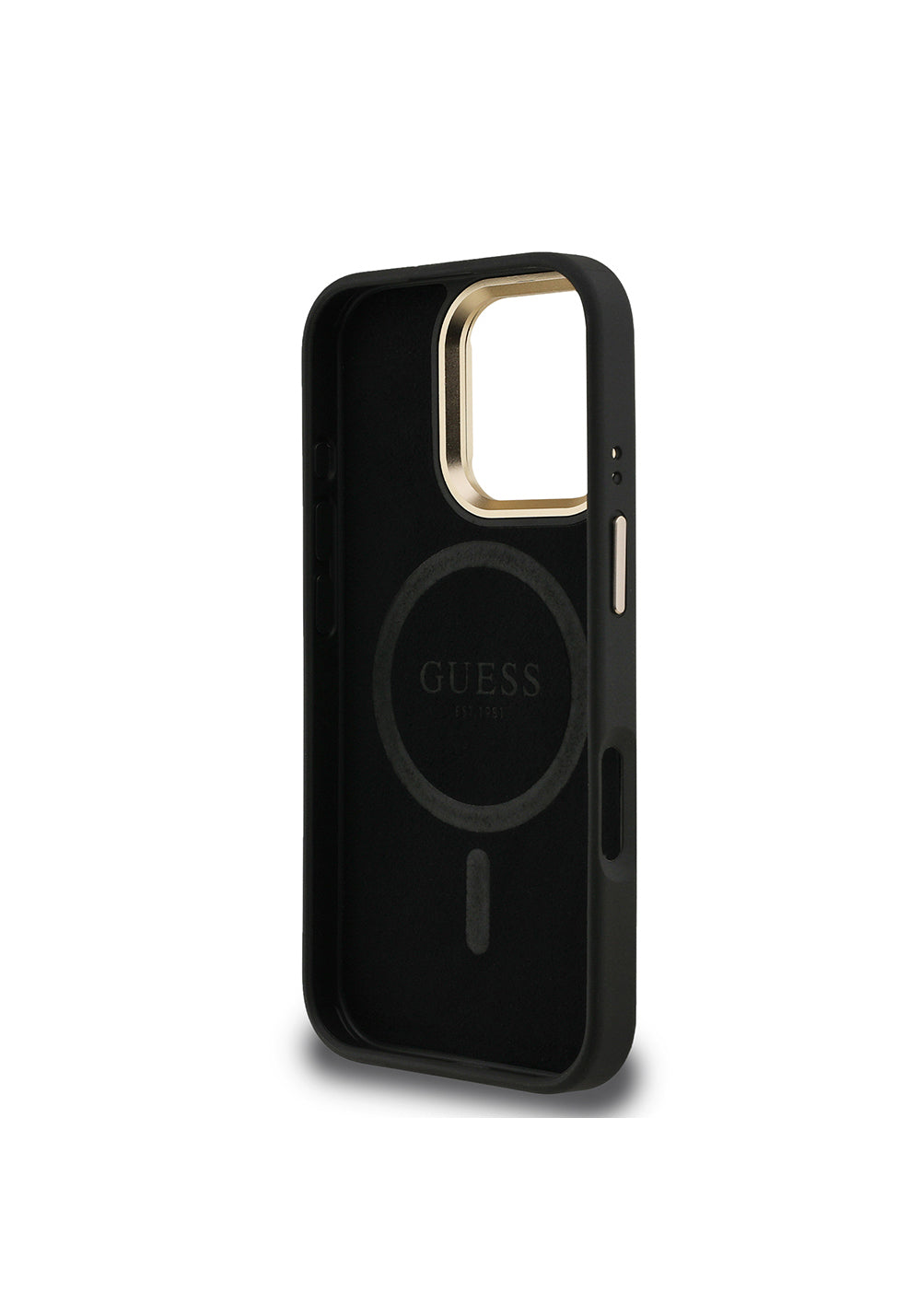 Apple iPhone 16 Pro Max Kılıf Guess Orijinal Lisanslı PU Deri Taşlı Üçgen Logo 4G Desenli Kamera Standlı Kapak
