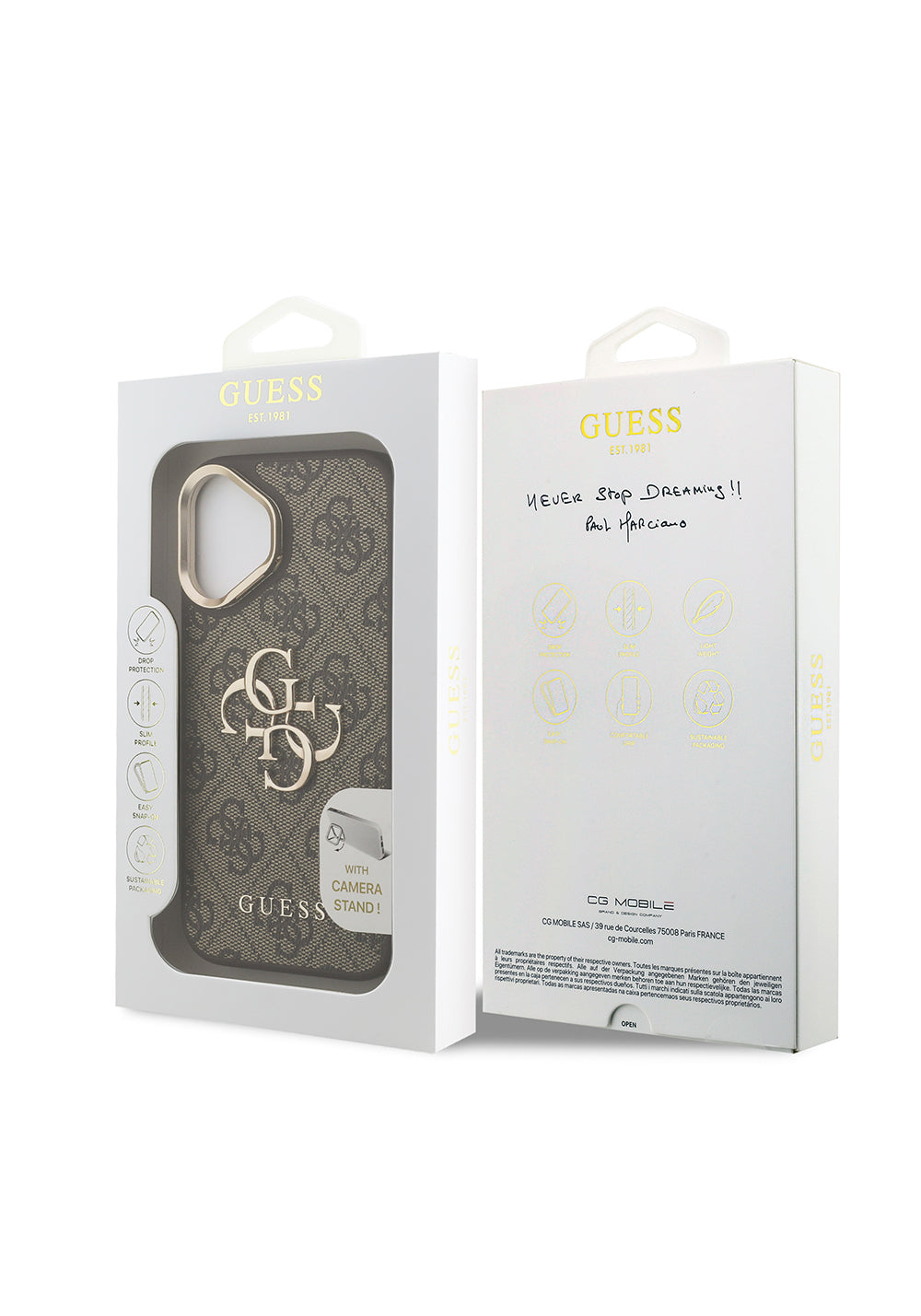 Apple iPhone 16 Kılıf Guess Orijinal Lisanslı PU Deri 4G Desenli Metal Büyük 4G ve Yazı Logolu Kamera Standlı Kapak