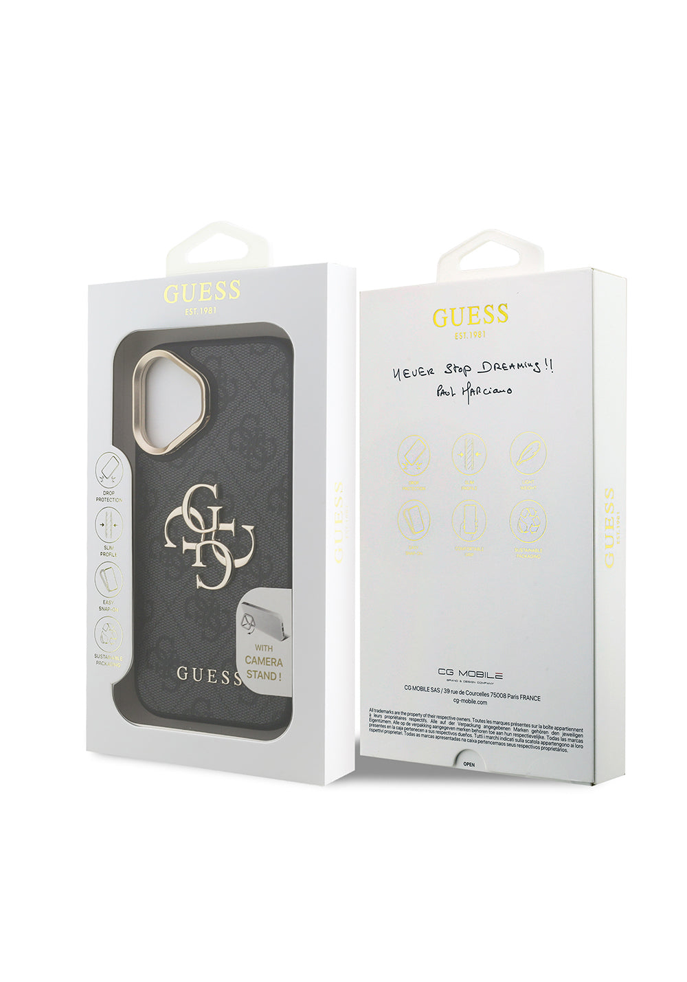 Apple iPhone 16 Plus Kılıf Guess Orijinal Lisanslı PU Deri 4G Desenli Metal Büyük 4G ve Yazı Logolu Kamera Standlı Kapak