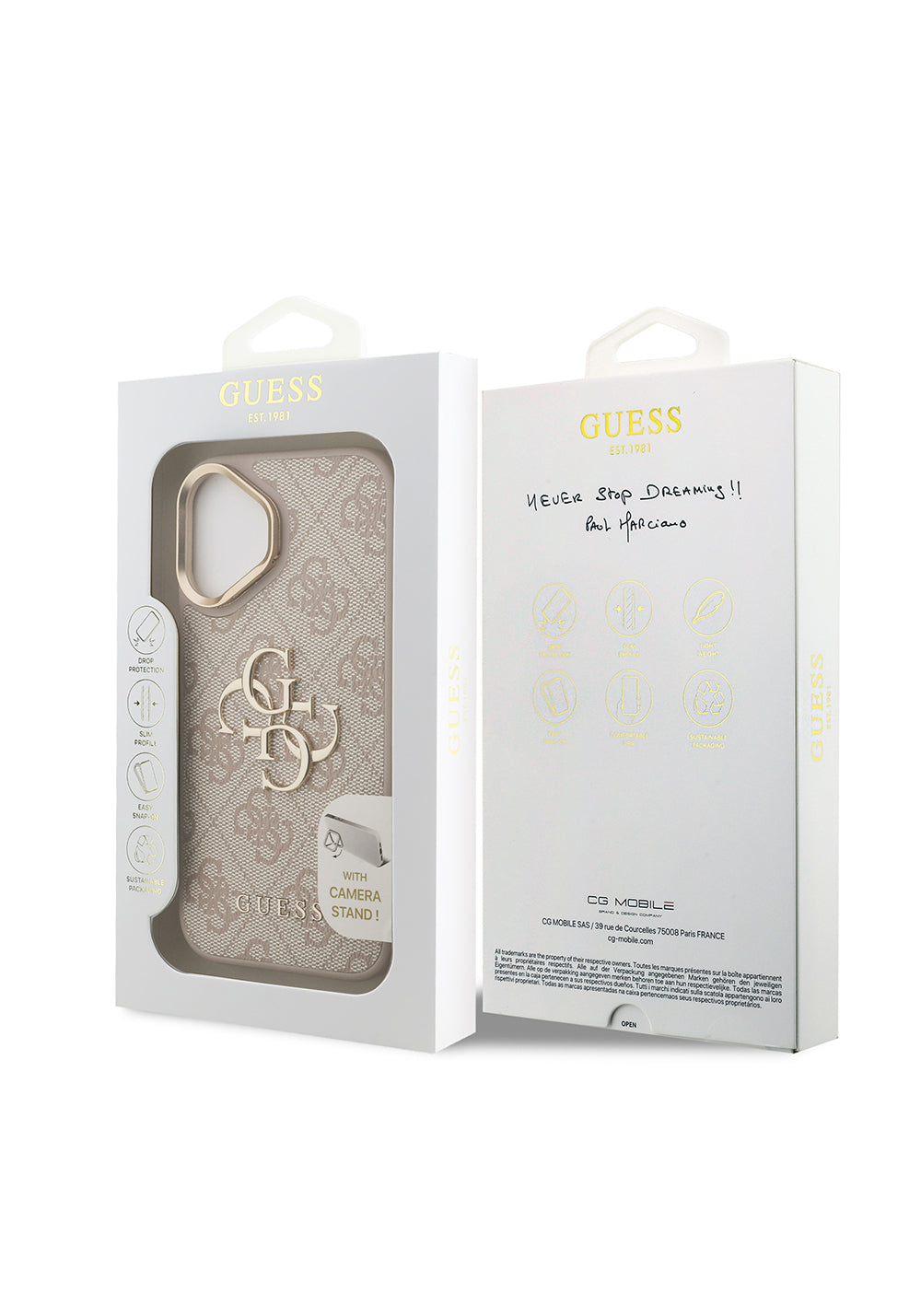 Apple iPhone 16 Plus Kılıf Guess Orijinal Lisanslı PU Deri 4G Desenli Metal Büyük 4G ve Yazı Logolu Kamera Standlı Kapak