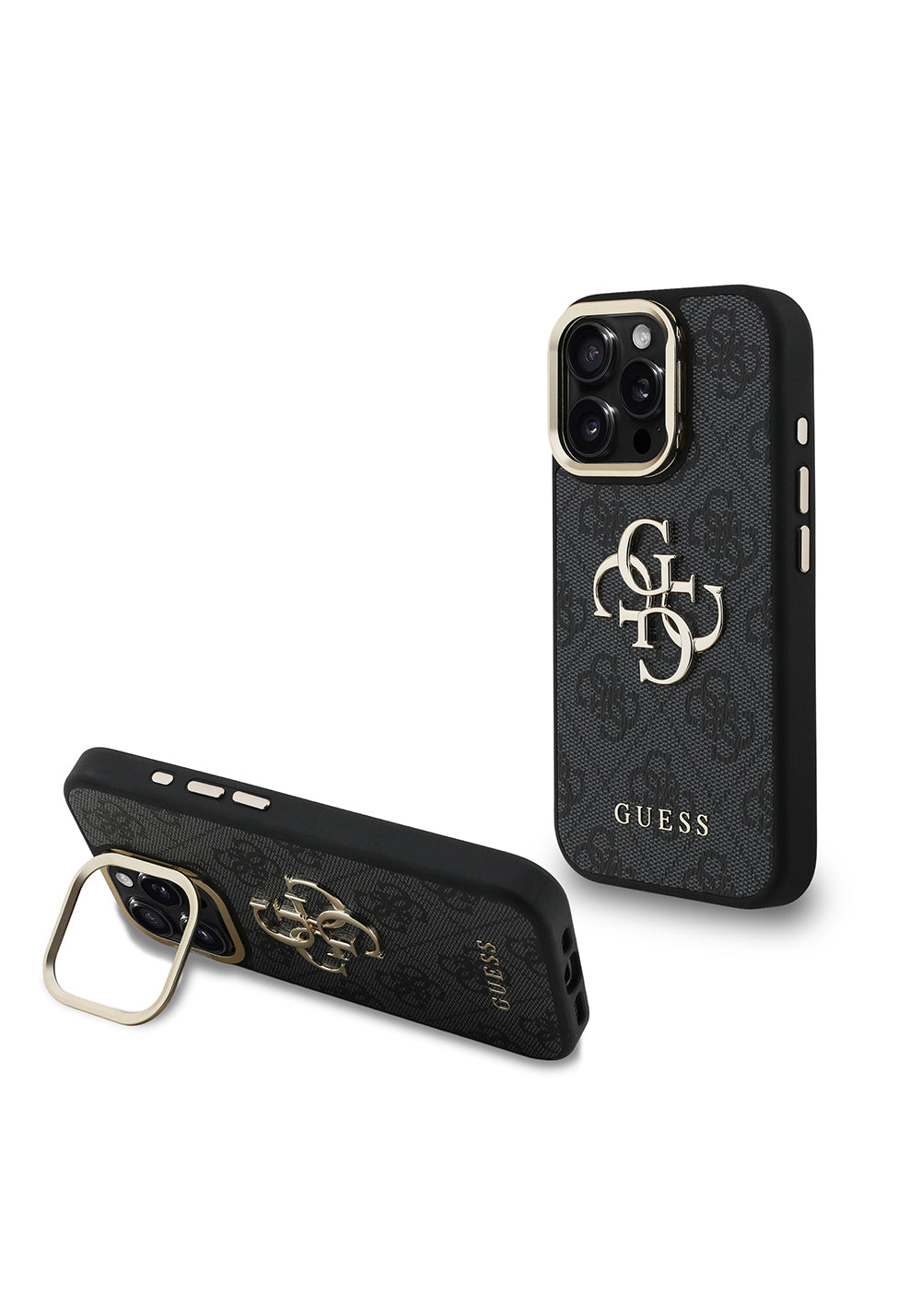 Apple iPhone 16 Pro Max Kılıf Guess Orijinal Lisanslı PU Deri 4G Desenli Metal Büyük 4G ve Yazı Logolu Kamera Standlı Kapak