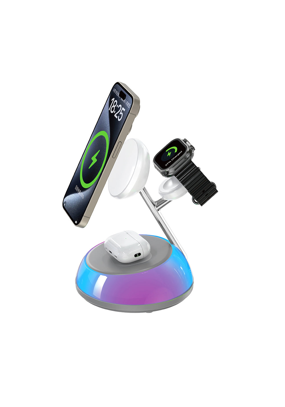 Wiwu Wi-W036 Qi2 3 in 1 Magnetik Hızlı Şarj Özellikli Ambiyans Işıklı Kablosuz Şarj Standı 15W