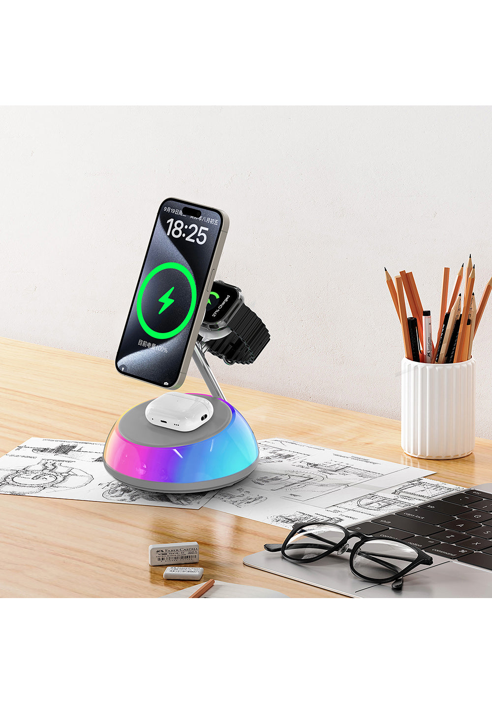 Wiwu Wi-W036 Qi2 3 in 1 Magnetik Hızlı Şarj Özellikli Ambiyans Işıklı Kablosuz Şarj Standı 15W