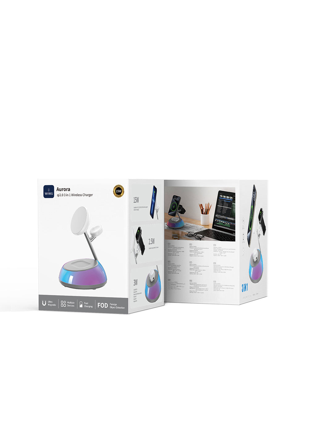 Wiwu Wi-W036 Qi2 3 in 1 Magnetik Hızlı Şarj Özellikli Ambiyans Işıklı Kablosuz Şarj Standı 15W