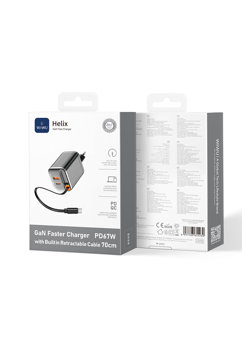 Wiwu Wi-G020 Helix Serisi GaN Teknolojili Hızlı Şarj Başlığı USB-A to Type-C PD 67W Type-C Kablolu Şarj Seti