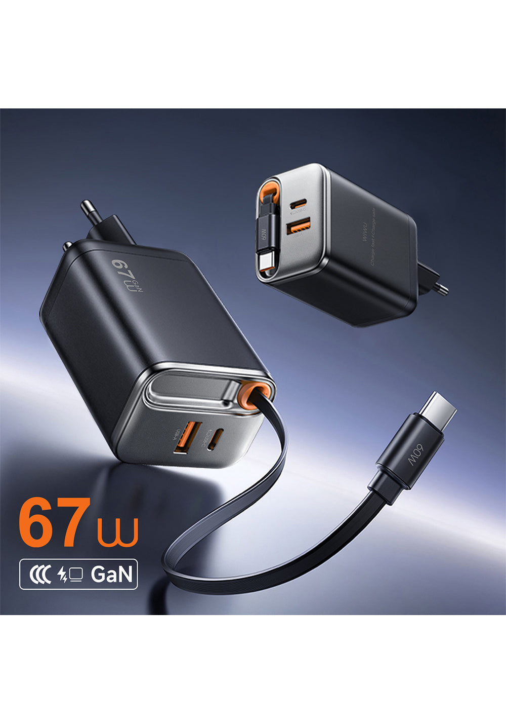 Wiwu Wi-G020 Helix Serisi GaN Teknolojili Hızlı Şarj Başlığı USB-A to Type-C PD 67W Type-C Kablolu Şarj Seti