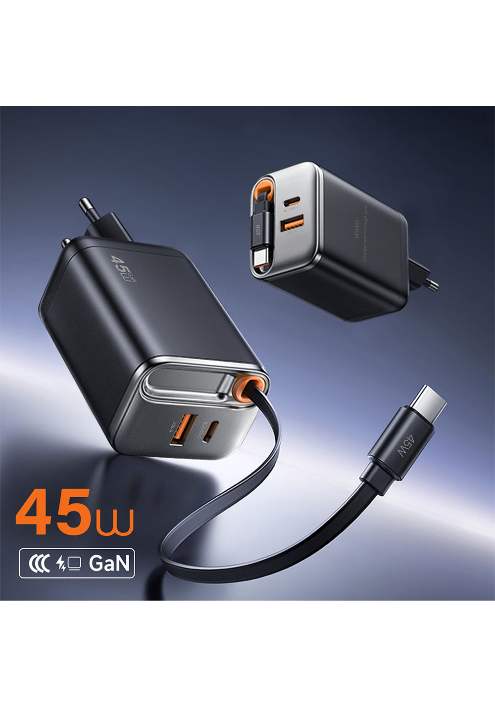Wiwu Wi-G021 Helix Serisi GaN Teknolojili Hızlı Şarj Başlığı USB-A to Type-C PD 45W Type-C Kablolu Şarj Seti