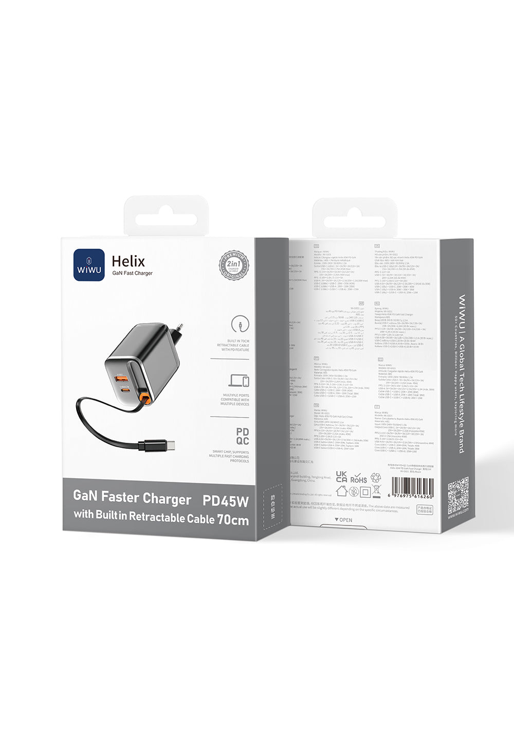 Wiwu Wi-G021 Helix Serisi GaN Teknolojili Hızlı Şarj Başlığı USB-A to Type-C PD 45W Type-C Kablolu Şarj Seti