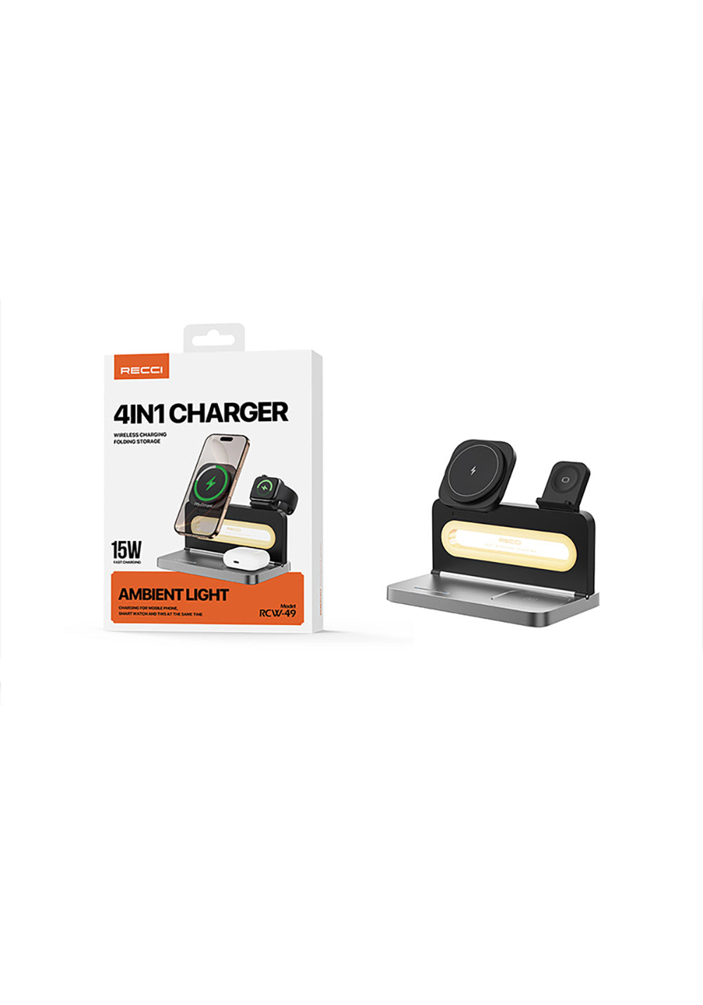 Recci RCW-49 Ambiyans Işıklı Telefon&Akıllı Saat&Kulaklık 15W 4in1 Kablosuz Şarj Standı