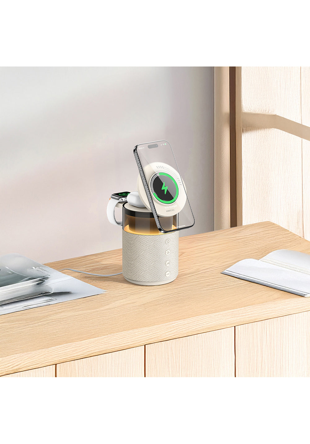 Recci RCW-51 Kablosuz Şarj Standı Ambiyans Işıklı Bluetooth Speaker Hoparlör Özellikli