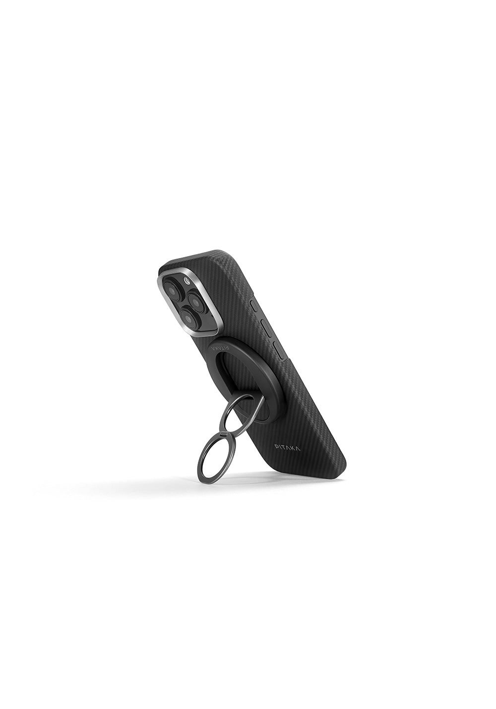Apple iPhone 16 Pro Max Kılıf Manyetik Şarj Uyumlu Grip 3 Standlı 600D Aramid Karbon Fiber Pitaka Ultra-Slim Classic Serisi Black-Grey Twill Kapak